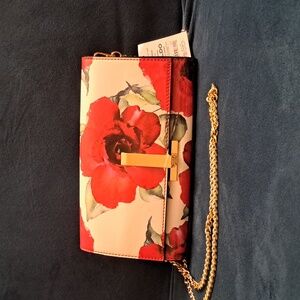 Aldo Red Floral Clutch with Gold Chain